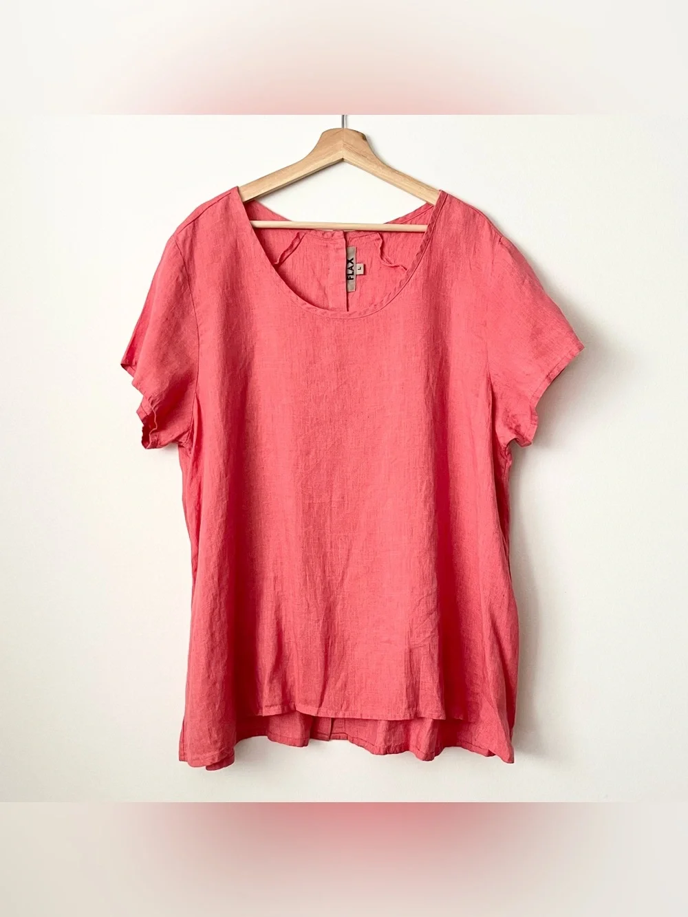 FLAX Women's 100% Linen Tunic Top Shirt Size L Pink Salmon Button Back Summer - Picture 1 of 6